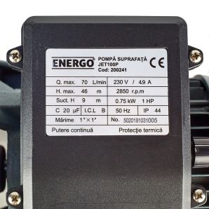 Pompa de suprafata apa curata JET100P debit 70L/min H refulare 46mCA h aspiratie 8m conexiune DN 1