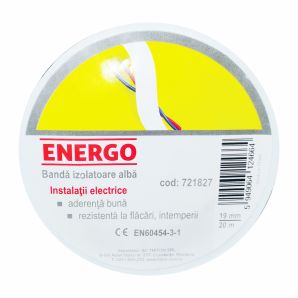 Banda izolatoare BA 2357 din PVC alba latime 19mm L-20m g-0.13mm pentru lucrari electrice ENERGO