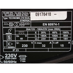 Aparat sudura MIG-MAG multiproces TECHNOMIG 210 DUAL SYNERGIC gas/no-gas functie MMA/TIG randament 80A/100% 230V TELWIN