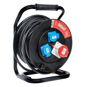 Derulator DP20 cu tambur din plastic cablu H07RN-F sectiune 2.5mmp/5 fire L-20m mixt 2 prize Schuko 230V/1 priza 400V grad IP44 ENERGO