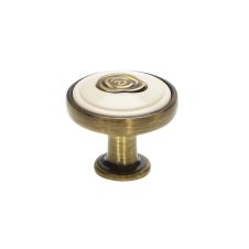 Buton metalic 1896 bronz antic insertie bej cu ornament