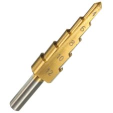 Burghiu in trepte BMT conic diametru 4-12mm L-45mm 2 muchii HSS-TiN prindere tesita CROWNMAN