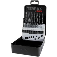 Set burghie metal SBM diametre 1-10mm DIN 338 material HSS-R prindere cilindrica 19 piese cutie metal TERRAX