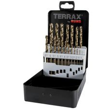 Set burghie metal SBM diametre 1-10mm DIN 338 material HSSE-Co5 prindere cilindrica 19 piese cutie metal TERRAX