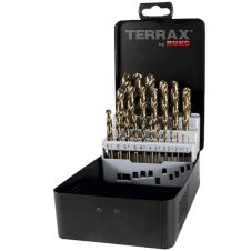 Set burghie metal SBM diametre 1-13mm DIN 338 material HSSE-Co5 prindere cilindrica 25 piese cutie metal TERRAX
