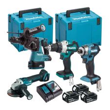 Set 4 masini cu acumulator DLX4195JX1-rotopercutor/masina insurubat percutie/masina gaurit/polizor /valize si accesorii 18V/3x5Ah MAKITA