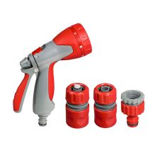 Pistol pentru stropit AQUA JET cu 8 functii si 2 cuple rapide 1/2" din plastic si adaptor robinet filet interior 3/4"-1/2" set ENERGO