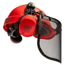 Set FOREST casca de protectie, antifoane externe si viziera din plasa metalica rosu ENERGO