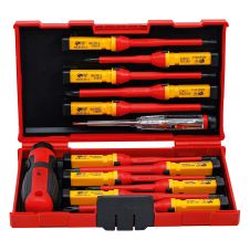 Set surubelnite cu maner izolat 1000V capete interschimbabile PH-PZ-SL-TX cu tester tensiune 13 piese BGS