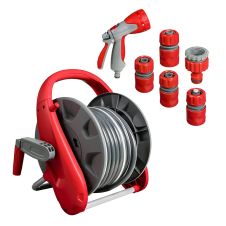 Furtun gradina AQUA KIT D-1/2" L-25m cu tambur mobil si pistol pentru stropit cu 8 functii cuple rapide si adaptor robinet 3/4"-1/2" ENERGO