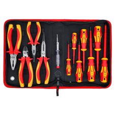 Trusa scule electrician cu tester clesti surubelnite izolate VDE 1000V in geanta textila 12 piese BGS