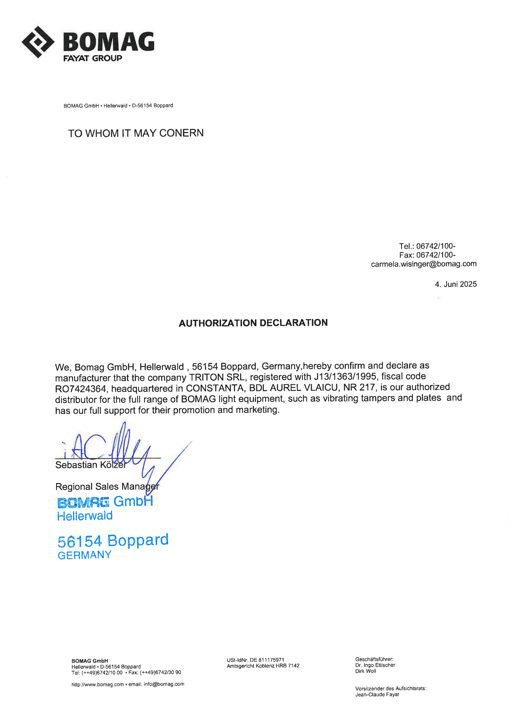 Certificat BOMAG
